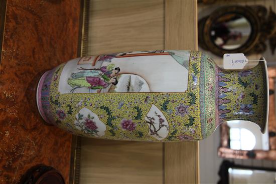 A large Chinese famille rose cylindrical vase, 58.5cm, wood stand